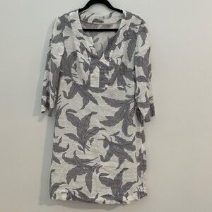 Boden Gray Leaf Print Linen Tunic Dress with 3/4 Length Sleeves